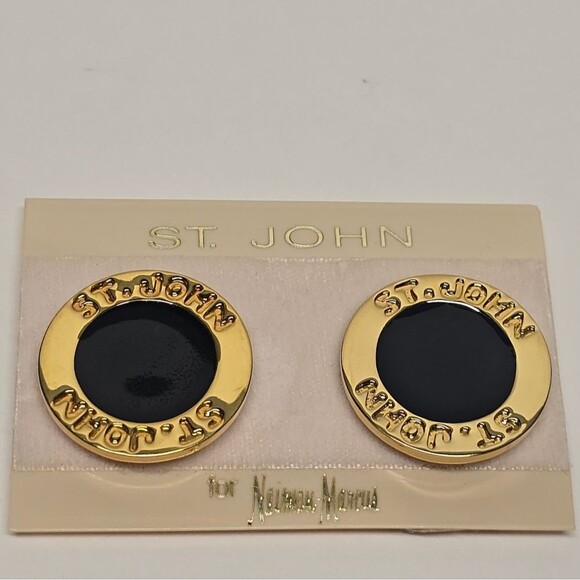 St. John Jewelry - St John Gold Black Enamel Logo Circle Vintage 80s Clip On Earrings